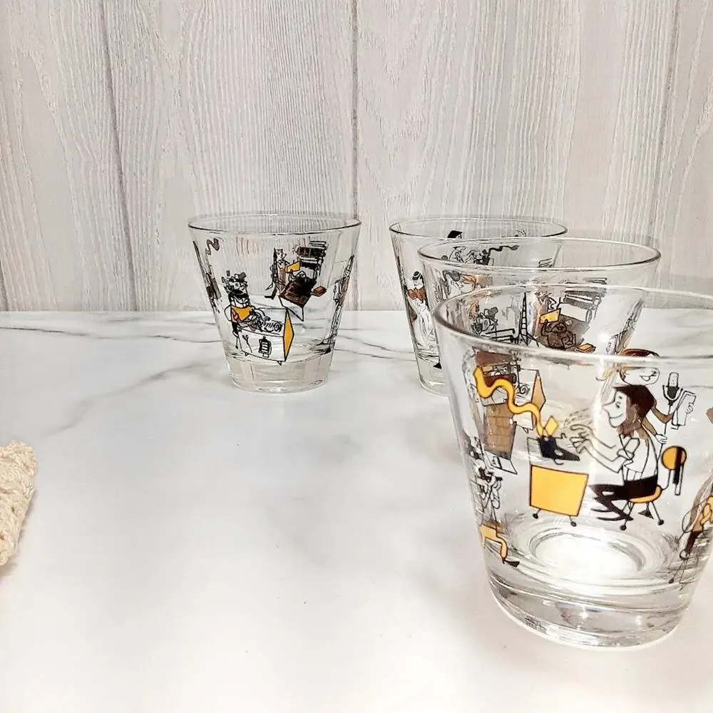 Mid Century modern Double drinking  Glasses  Set of 5 Pressroom Characters